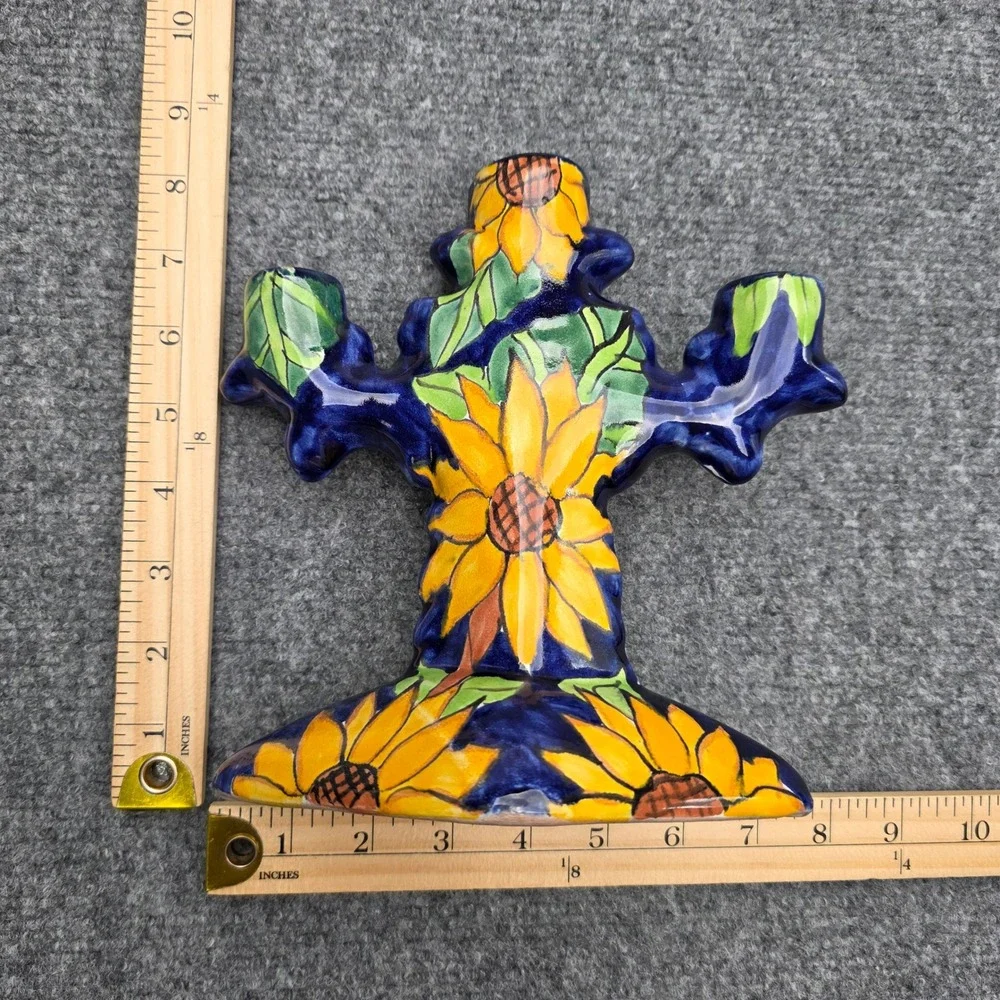 Vtg T. Ruth Mexico Talavera Pottery 3-Arm Candelabra Sunflower Hand Painted‎ 8